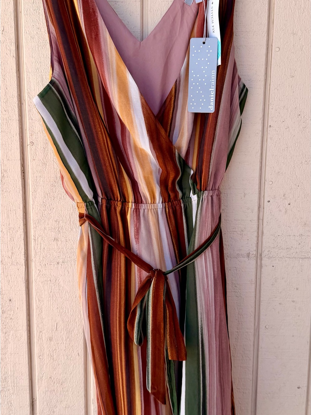Daniel Rainn Multi-Stripe V-Neck Wrap Maxi Dress in Pink, Green, Brown